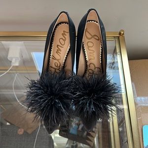 Sam Edelman 6.5 black satin pumps with feathers